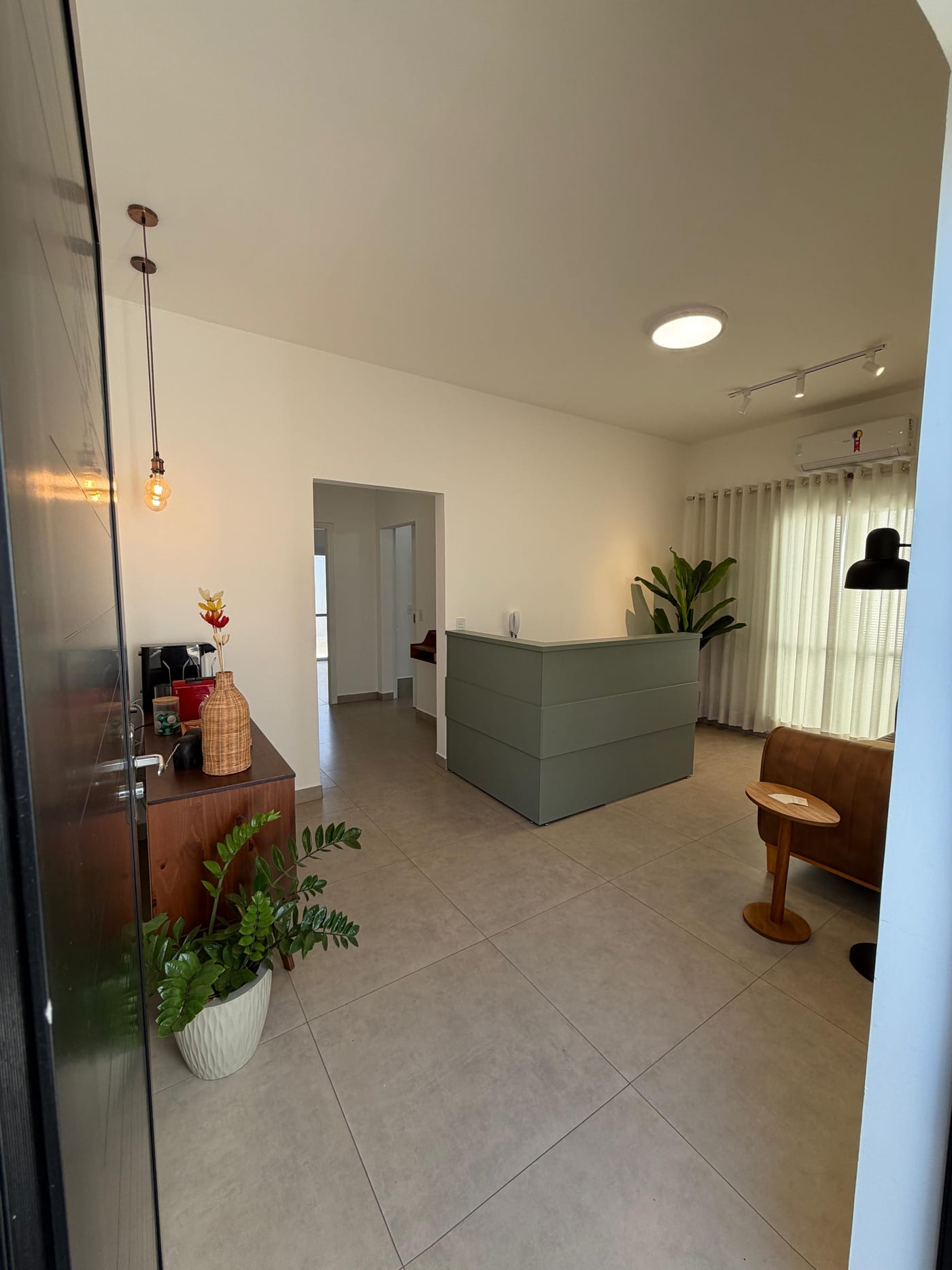 Recepção da clínica: balcão verde, sofá de couro e plantas.